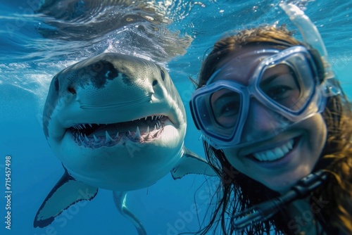 realistic selfie of a smiling glamorous Influencer with big funny shark
