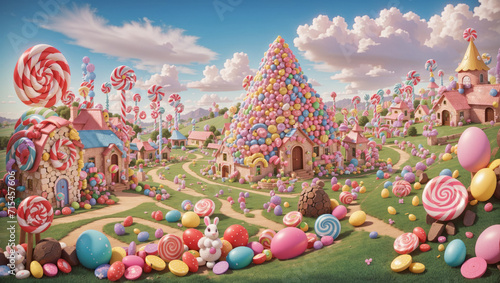 Candy town, lollipop trees. Easter sweet candy land. Child Birthday party poster or postcard template. Candy land town with blue sky and marshmallow clouds. © devmarya
