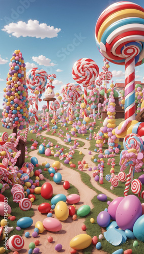 Candy town, lollipop trees. Easter sweet candy land. Child Birthday party poster or postcard template. Candy land town with blue sky and marshmallow clouds.