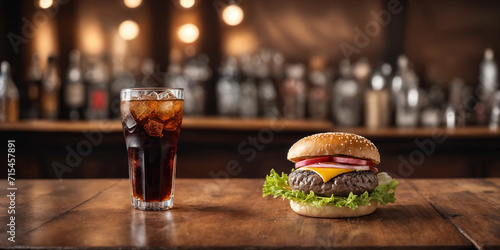 Big burger with hot grilled patty with melted cheese on top  tomato  onion  sauces and fried chips served with cold soft drink. Banner concept. Generative Ai