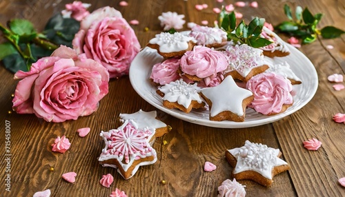 gingerbread cookies in the shape of stars pink merengue cookies and pink roses on a wooden brown natural table christmas and winter card delicious pastries close up valentiners day background