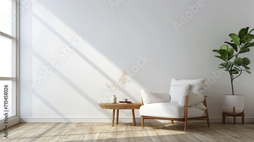 Modern Living Room Interior with White Armchair and Wooden Coffee Table. 3D Rendering with Copy Space on Wall