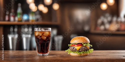Big burger with hot grilled patty with melted cheese on top  tomato  onion  sauces and fried chips served with cold soft drink. Banner concept. Generative Ai