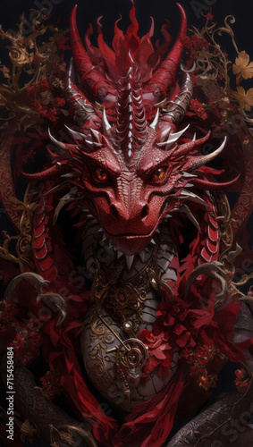 Red Dragon  Character surrounded with flowers in red colors on dark background