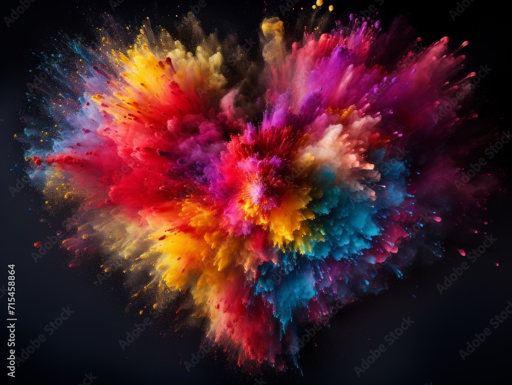 Explosion of colored powder in the shape of a heart on a dark background Explosion of colored powder in the shape of a heart on a dark background