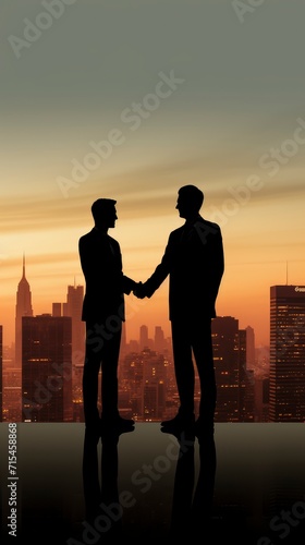 Two Men Shaking Hands in Front of City Skyline © Andrii