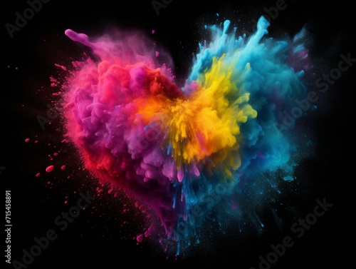 Explosion of colored powder in the shape of a heart on a dark background