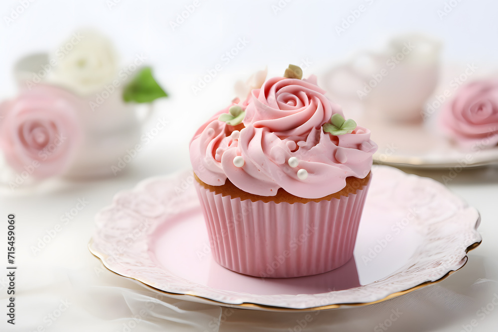 Romantic cupcakes with pink buttercream shaped like a rose on plate