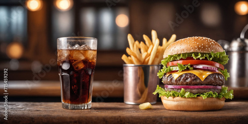 Big burger with hot grilled patty with melted cheese on top, tomato, onion, sauces and fried chips served with cold soft drink. Banner concept. Generative Ai