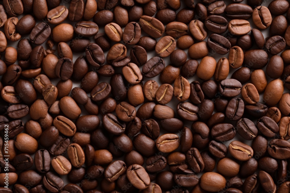 Fototapeta premium Close up view of dark fresh roasted coffee beans on coffee beans background. Closeup of coffee beans scattered background