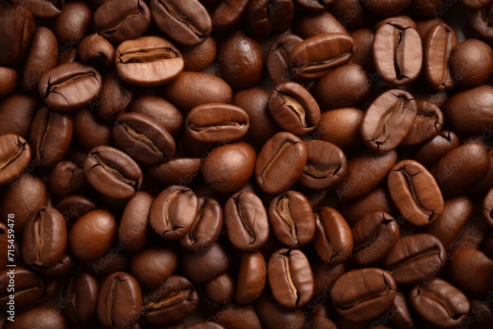 Close up view of dark fresh roasted coffee beans on coffee beans background. Closeup of coffee beans scattered background