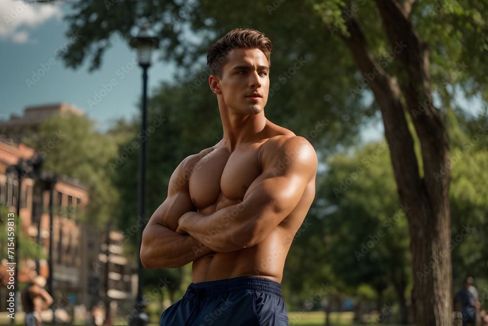 Man Captured Posing for Picture With Nature Backdrop in Park. Generative AI. Man Captured Posing for Picture With Nature Backdrop in Park. Generative AI.