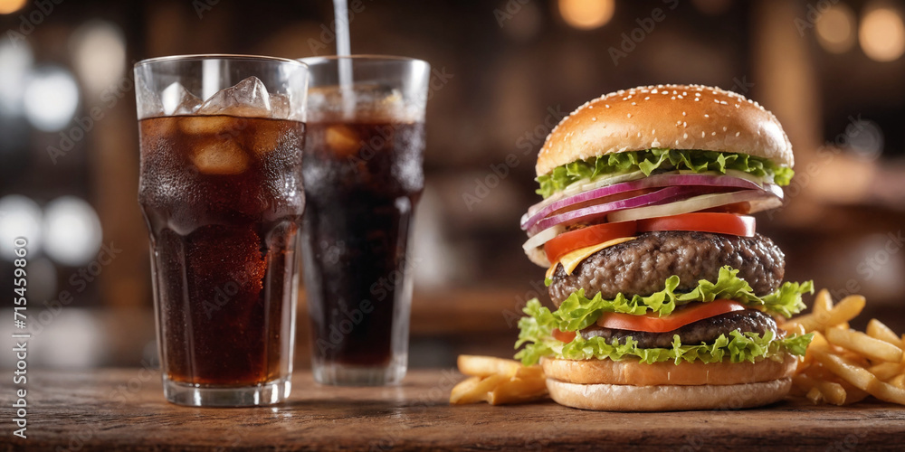 Big burger with hot grilled patty with melted cheese on top, tomato, onion, sauces and fried chips served with cold soft drink. Banner concept. Generative Ai Big burger with hot grilled patty with melted cheese on top, tomato, onion, sauces and fried chips served with cold soft drink. Banner concept. Generative Ai