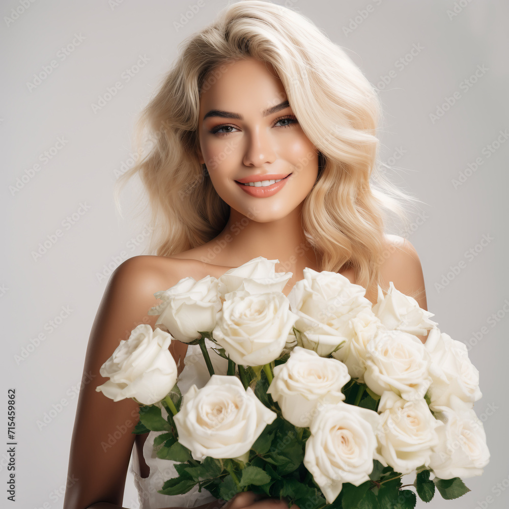 portrait of a beautiful blonde girl with a bouquet of white roses on a neutral background portrait of a beautiful blonde girl with a bouquet of white roses on a neutral background