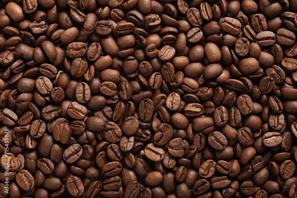 Fototapeta premium Close up view of dark fresh roasted coffee beans on coffee beans background. Closeup of coffee beans scattered background