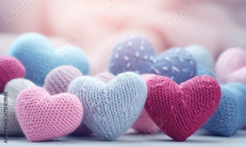Colorful knitted hearts on a light background. Valentines day concept.