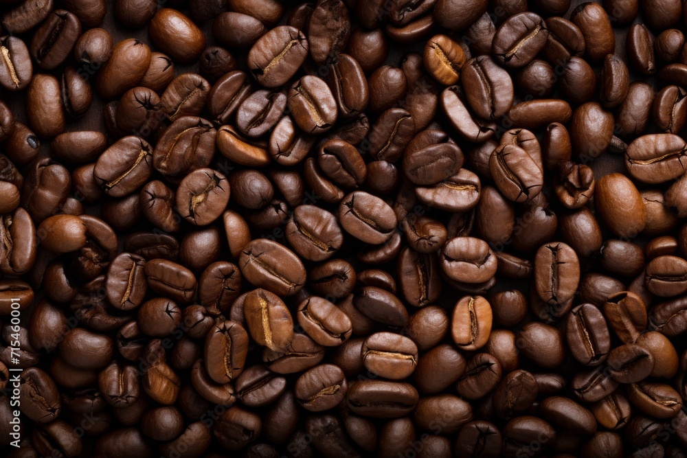 Close up view of dark fresh roasted coffee beans on coffee beans background. Closeup of coffee beans scattered background