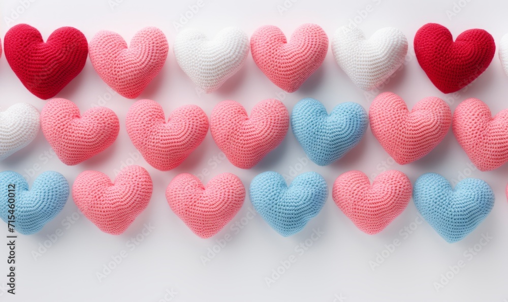 Obraz premium Colorful knitted hearts on a light background. Valentines day concept.