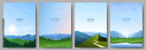 Collection of mountain landscapes. Mountains and forest, green valley and river, blue sky, path leading to the top of the mountain. The concept of tourism, hiking, active recreation. Vector image.