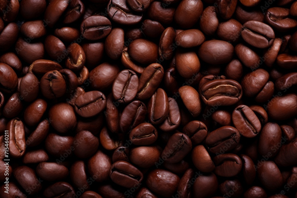 Obraz premium Close up view of dark fresh roasted coffee beans on coffee beans background. Closeup of coffee beans scattered background