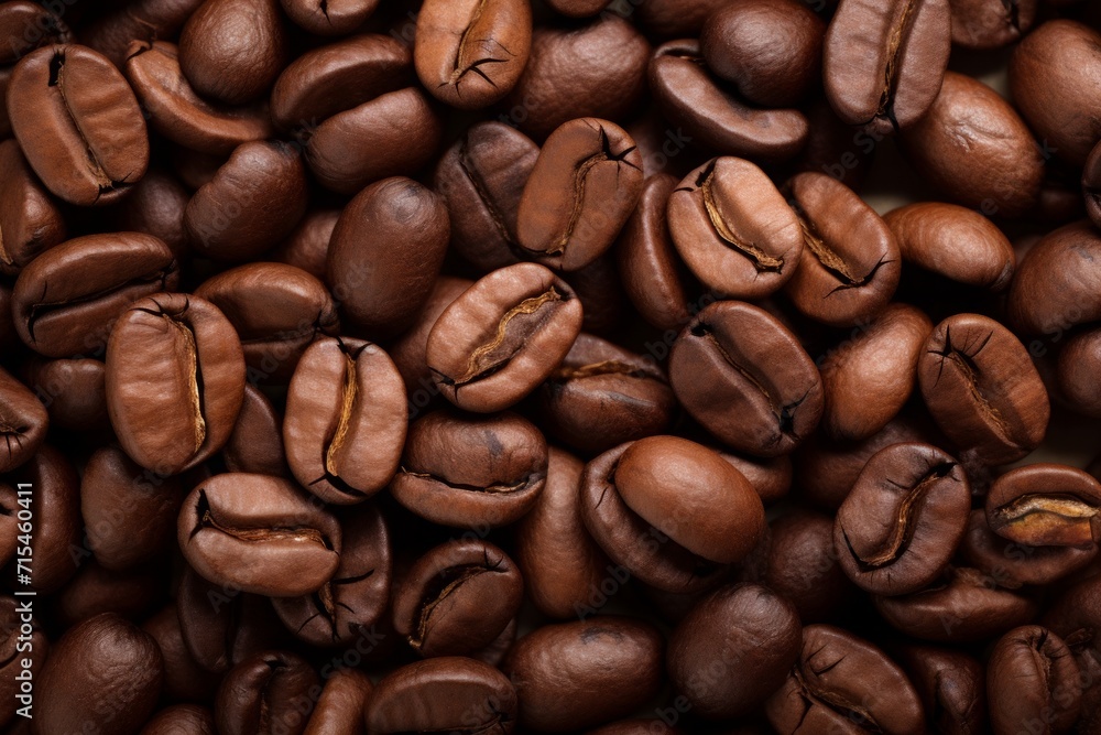 Obraz premium Close up view of dark fresh roasted coffee beans on coffee beans background. Closeup of coffee beans scattered background