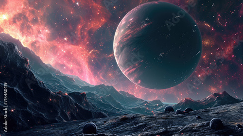 Abstract space landscape background with alien world and hazy sky in original colors