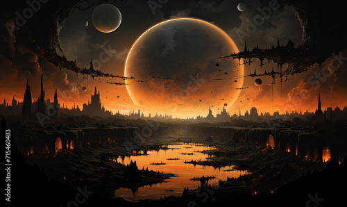 Night fantastic cityscape of an unknown planet.