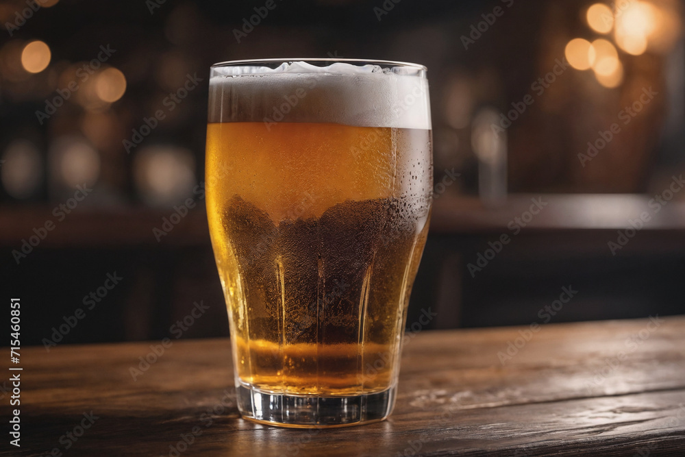 Cold beer in a glass, close up in a dark pub with a sunset light on it. Beer banner. Generative Ai Cold beer in a glass, close up in a dark pub with a sunset light on it. Beer banner. Generative Ai