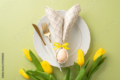 Eggstra Special Table: Top-down view of an enchanting Easter arrangement featuring a plate, bunny ears napkin, cutlery, bouquet of fresh yellow tulips. Pastel green background with space for text photo