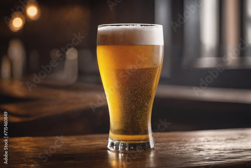 Cold beer in a glass, close up in a dark pub with a sunset light on it. Beer banner. Generative Ai