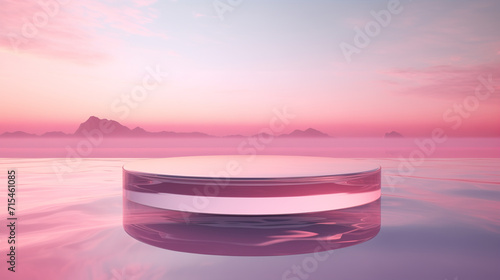 3D rendering of a pink podium on the surface of the water at sunset