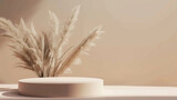 3D rendering of a minimal podium for product display against pampas grass on a beige background