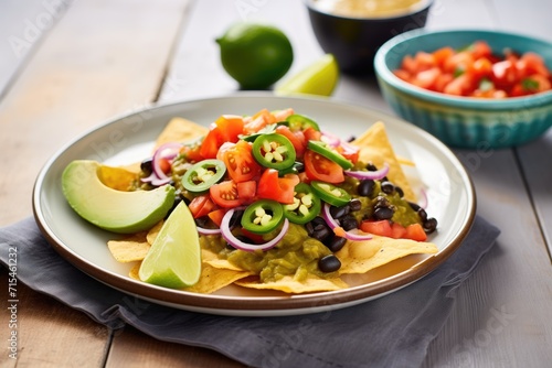 vegan nachos with guacamole and black beans on plate