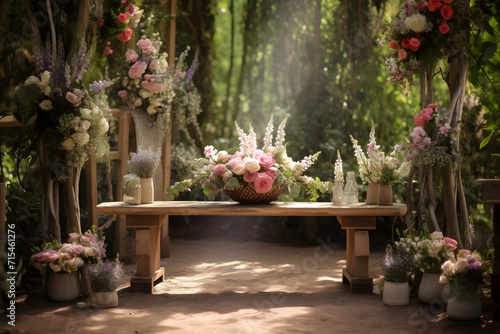 Garden with floral decorations and bouquets for a wedding