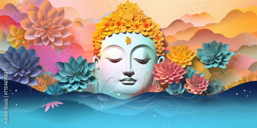 golden Buddha face colorful paper cut clouds and colorful blossom flowers, nature background
