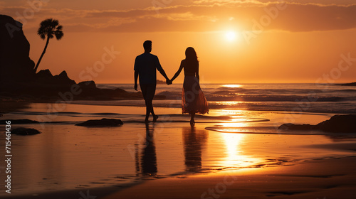 Silhouette of a romantic couple holding hands and walking on the beach at sunset.