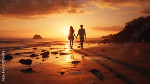Silhouette of a romantic couple holding hands and walking on the beach at sunset.