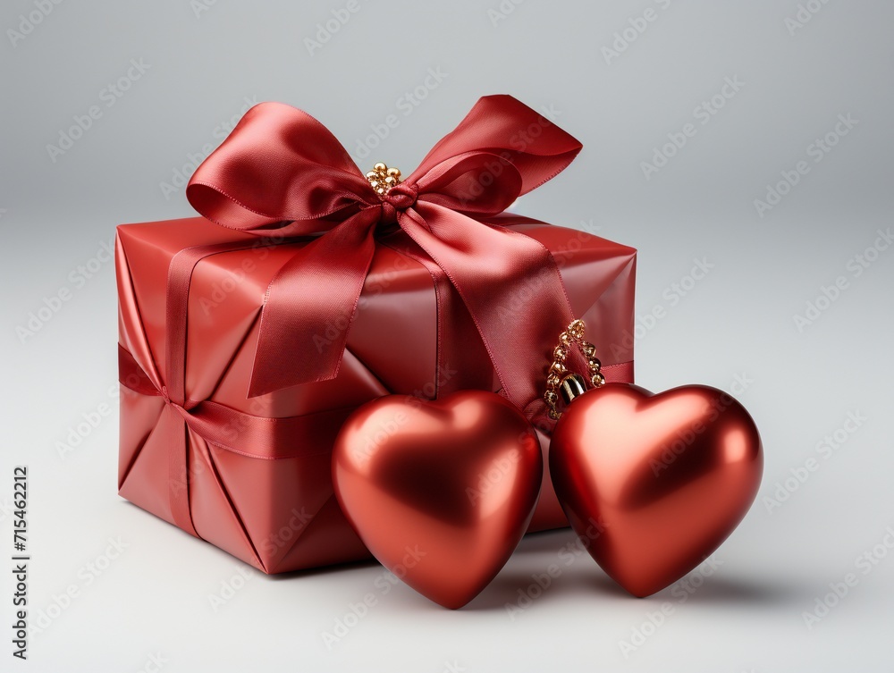 Red gift box with a bow and two hearts on a gray background