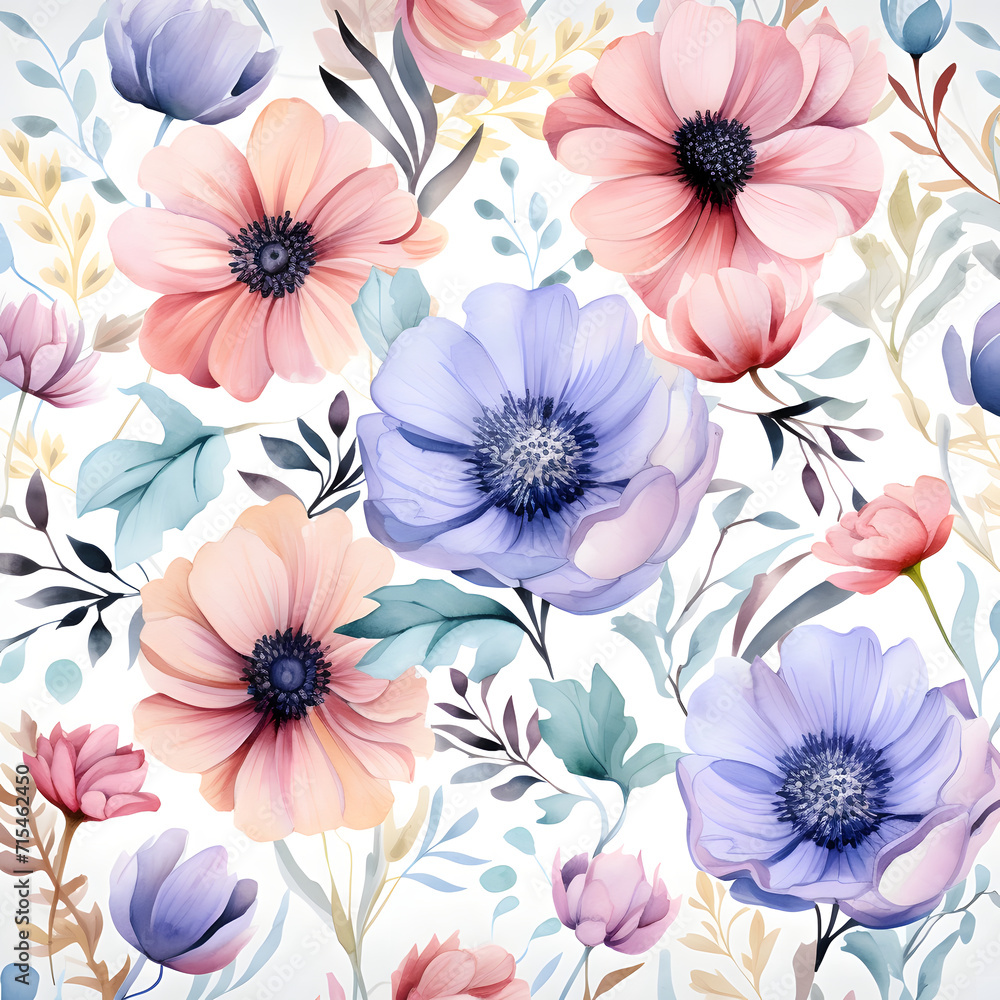 Flower pastel colors pattern with abstract floral branches with leaves, blossom