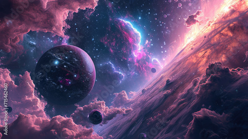 Abstract space landscape background with alien world and hazy sky in original colors #715462460