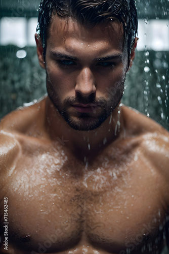 Shirtless Man Standing in Shower, Refreshing and Invigorating Bathroom Moment. Generative AI. © theartofphoto