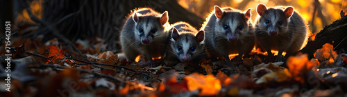 Opossum family in the forest with setting sun shining. Group of wild animals in nature. Horizontal, banner. © linda_vostrovska