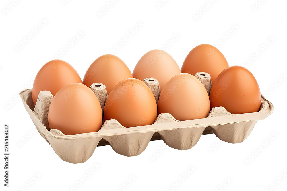 ten brown chicken eggs in a cardboard tray isolated on PNG Background. Generative Ai.