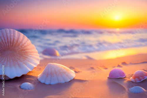 Tropical beach landscape with fine white sand. Sea, blue sky, sea shells. Blurred sea water background with sunset bokeh.