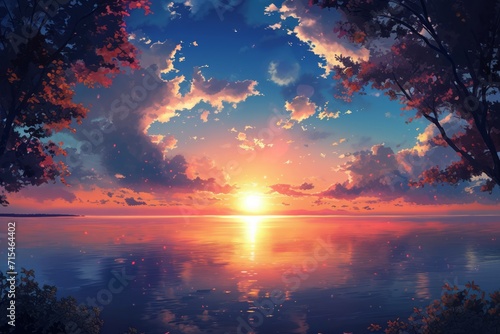 a beautiful calm relaxing sunset wallpaper anime © Zero Zero One