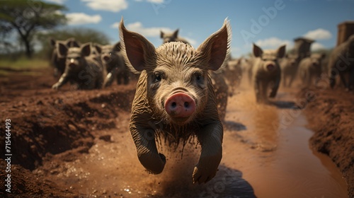 A cute piglet running in the mud with other pigs in the background photo