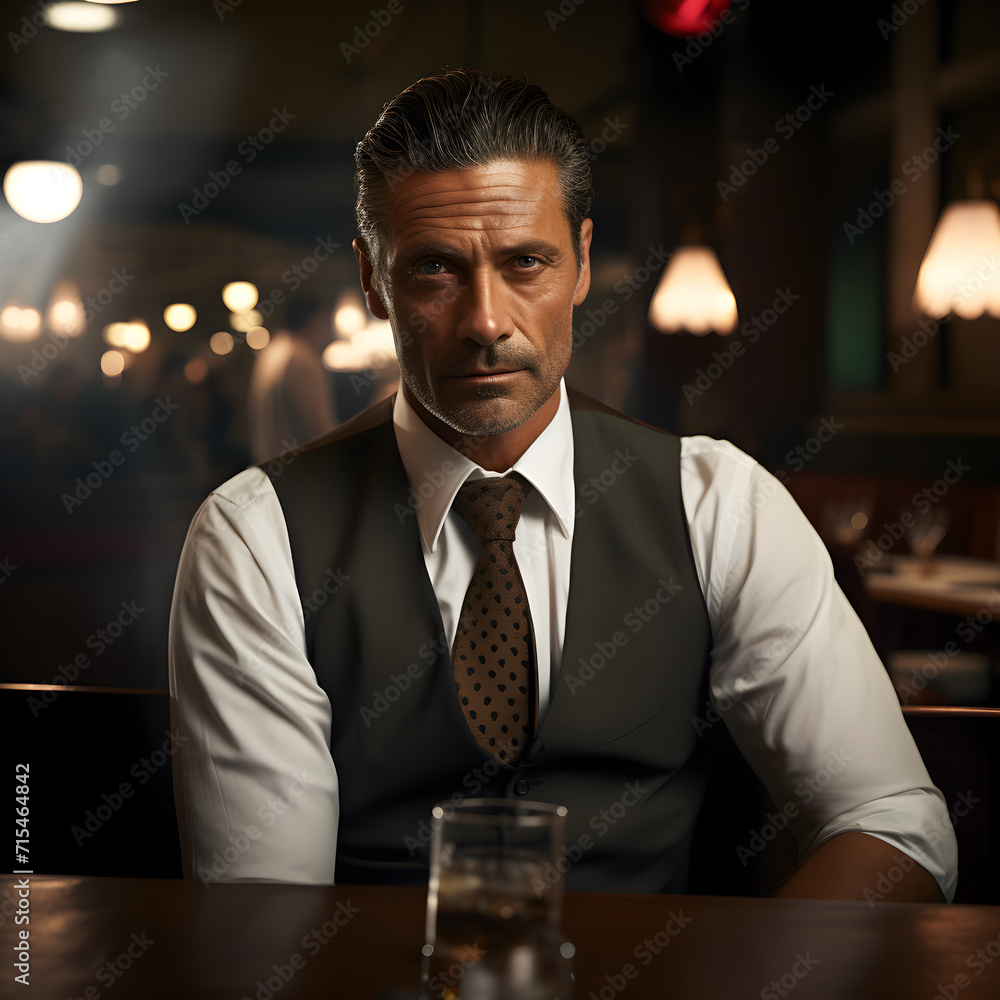 Successful handsome businessman dressed in a suit sitting in a Mafia Bar. Successful handsome businessman dressed in a suit sitting in a Mafia Bar.