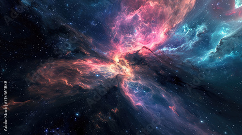 Abstract space background, swirling nebula and distant stars in bright colors