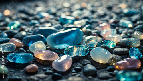 Beautiful opal stone pebbles background. Colorful background with rainbowed colored stones.