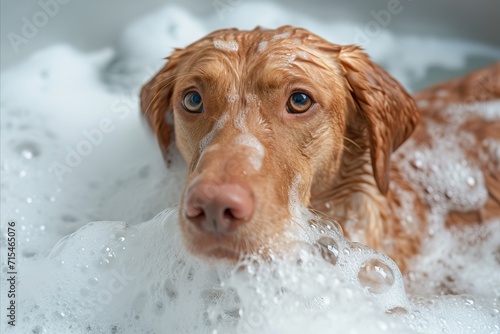 Playful hungarian vizsla dog enjoying a refreshing bath with shampoo in grooming salon